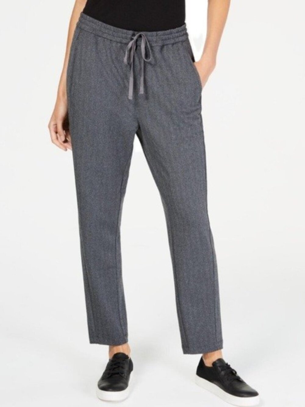 Eileen Fisher Herringbone Recycled Slouchy Pants Gray Drawstring Waist Size L
